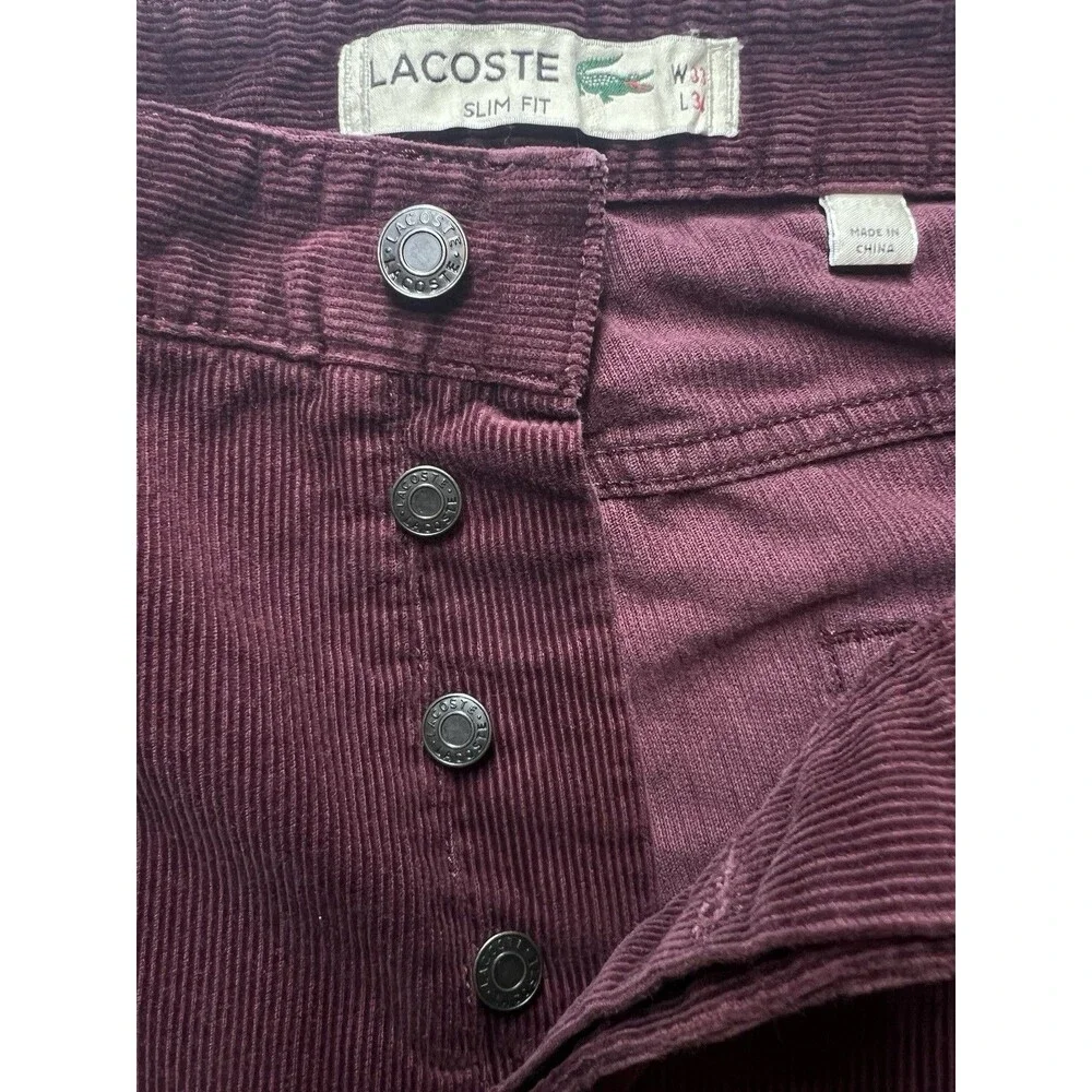 Lacoste Corduroy Jeans Mens 33x34 Slim Fit Button Fly Griotte Cherry Red